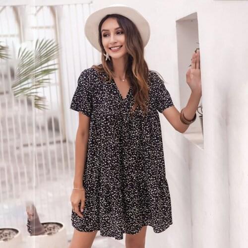 Summer Fashion Sexy V Neck Dress 2021 Women Casual Loose Short Sleeve Print Mini Beach Party Dresses For Femme