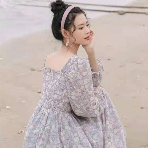 Summer Elagant Women Print Dress Sweet Floral Mid-length Slim Chiffon Dress Female Casual Korean Beach Party Dress 2021