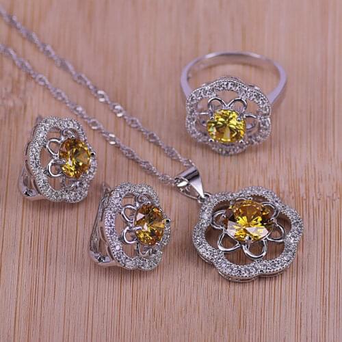 Best Gift Wedding Jewelry For Women Silver Color Jewelry Set Sparking Yellow Crystal Necklace Pendant Earrings Ring