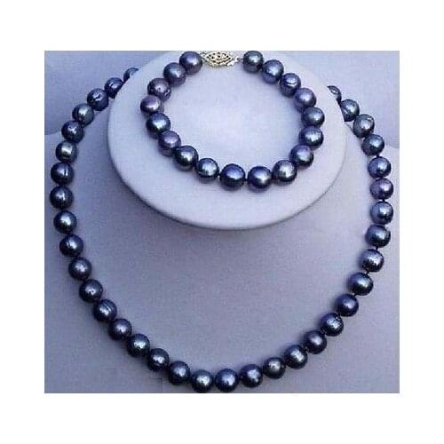 8-9mm natural tahitian black pearl necklace bracelet set 14K gold