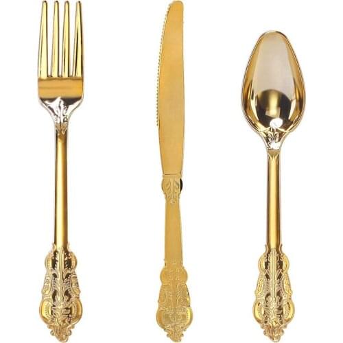 30 Pcs Disposable Tableware Golden Plastic Silver Utensils Disposable Knifefork and Spoon Set Victory Wedding Party Supplies