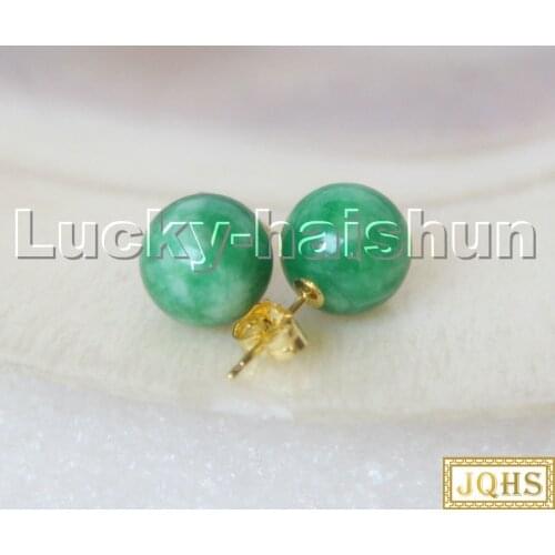 AAA natural Studs 10mm round Multicolor green Jade Earrings 14K gold post c287
