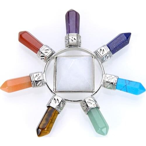 New Vintage Silver Plated White Pink Purple Crystal Pyramid 7 Colors Hexagon Stone Energy Launcher Charka Pendant Amulet Jewelr