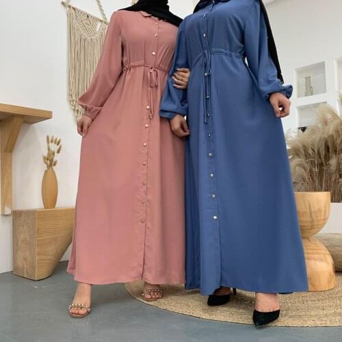 Pure Color Simple Muslim Dress Women Long Sleeve Lace-up Slim Hijab Dress Musulman Islamic Clothing Dubai Arab Kimono Long Robe