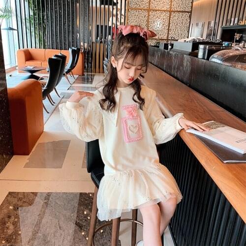 Girls Spring Loose Sweater Dress 2021 New College Style Kids Princess Dress Teen Girls Puff Sleeve Gauze Dress
