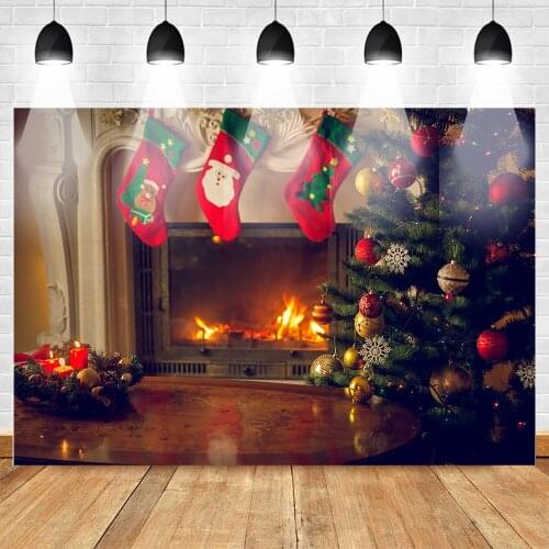 Celebration Christmas Photo Background Fireplace Christmas Tree Red Sock Backdrop Xmas Candle Backgrounds for Photocall