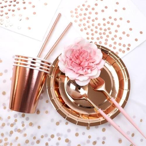 Rose Gold Party Disposable Tableware Champagne Cup Plate Straw Adult Birthday Party Decor balloon Kid Baby Shower Party Supplies