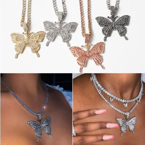 Sparking Fully Iced Out Crystal Pave Butterfly Pendant Cubic Zircon 3D Butterfly Pendant Necklace Fashion Jewelry