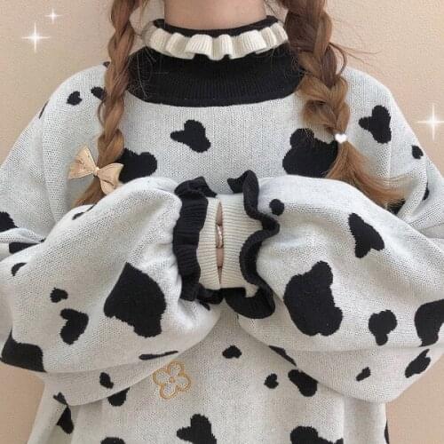 Original Design Bear Milk Cow Womens Knitted Sweater Bubble Cuff Long Sleeve Pull Over Fall Winter Loose Sweaters Cute Girls