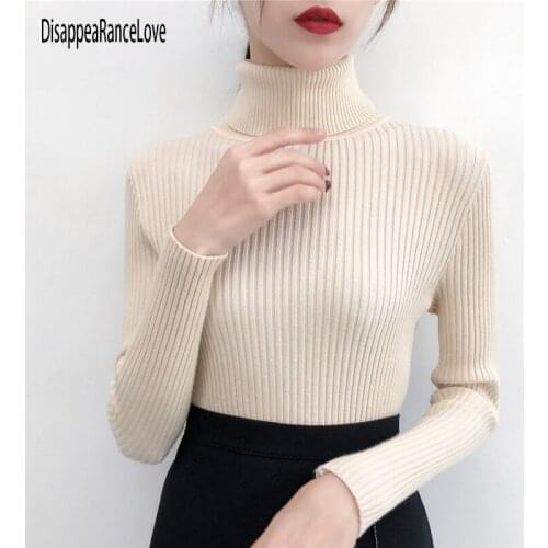 Solid Color Cotton Thin Pullover Slim Turtleneck Knitted Shirts 2021 Autumn Winter Soft Streetwear Woman Sweaters