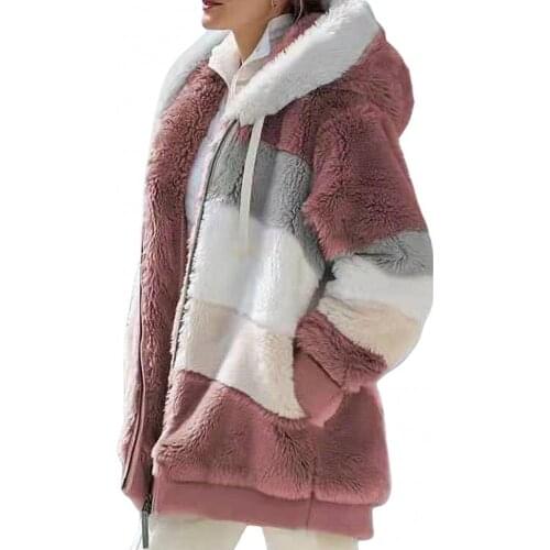 Ele-choices Women Autumn Winter Long Sleeve Color Block Zipper Fluff Hooded Warm Coat Jacket