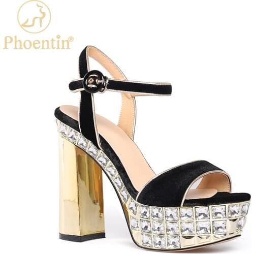 Phoentin Red vintage velvet sandals woman super high heels platform Rhinestone strappy sandal 11cm heel summer shoes black FT767