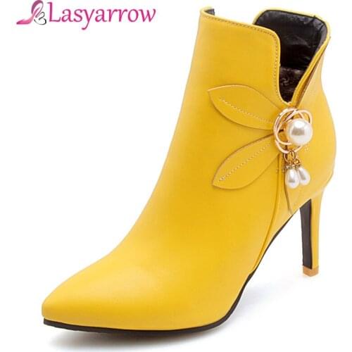 Lasyarrow Pointed Toe High Heel Chelsea Boots Soft Leather Short Ankle Boots for Women Sexy High Heel Women Boots Size 48 F446