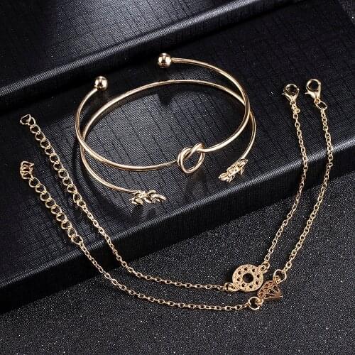 4PCS/Set Fashion Women Girl Leaf Bracelet Shape Knot Simple Adjustable Open Hollow Bangle Chain Jewelry Bracelets for Women Men