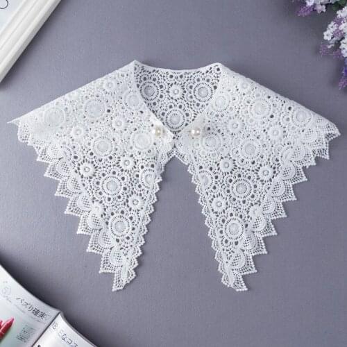 Spring Summer Autumn Women Ties Korean Embroidery Lace Hook Flower Sweet All-Match Shirts Blouses Dress White Detachable Collars