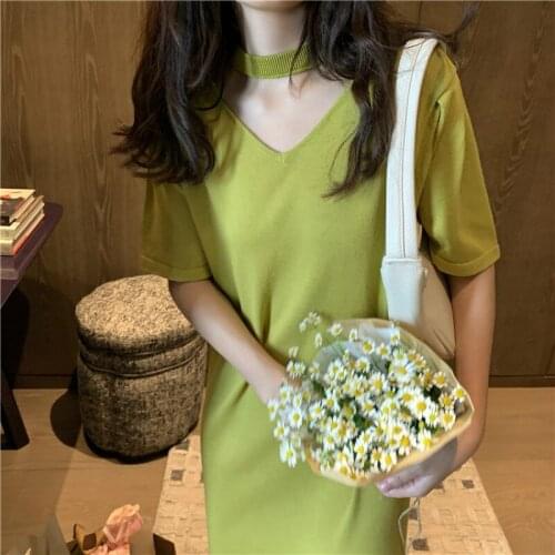 2020 Women Summer Elegant Mustard Green Long Straight T Shirt Dress Halter Loose Waistline Pullover Midi Sundress Solid Color