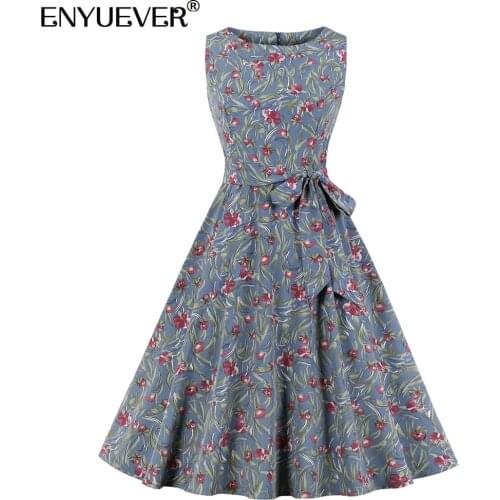 Enyuever Elegant Vintage Dresses 50s 60s Retro Summer Clothes Sleeveless Robe Pin Up Swing Short Floral Dress Women Clothing