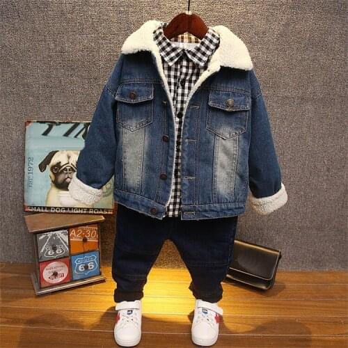 Winter Boys Plush denim jacket + plus shirt +plus pants 3pcs Outfit Kids Clothes Boys Suit For Toddler Boys Clothing Set