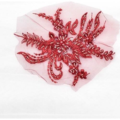 1 Piece/lot 18*15cm 6 Colors Sewing-Craft Bead Embroidered Lace Fabric Flower Trim Applique For Wedding Dress Headwear DIY