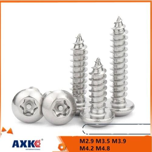 10pcs M2.9 M3.5 M3.9 M4.2 M4.8 304 A2-70 Stainless Steel Six Lobe Torx Pan Round Head with Pin Security Self-tapping Wood Screw