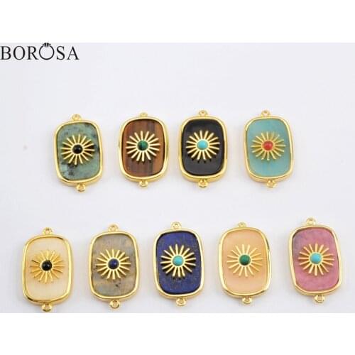 3Pcs Natural Stones Necklace Pendant with Gold Color Flower Rectangle Gems Stones Connector Stone Beads for Bracelets WX1624