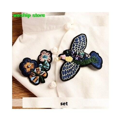 New High-quality Embroidery Hand beading patch bird and Sun flower applique by sew-on 1 order=1 set=2pcs