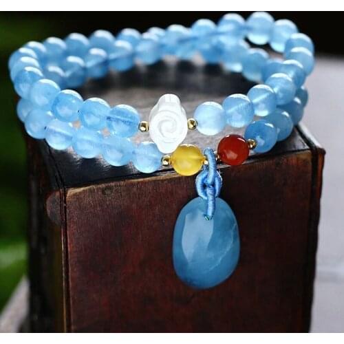 Fine Light Blue Ocean Natural Stone Bracelets Round Beads With Water Drop Bracelets for Women Fresh Crystal Bracelet Jewelry