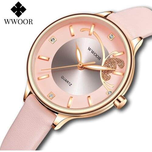 WWOOR 2021 New Womens Watches Top Brand Luxury Rhinestone Ladies Dress Sport Watch Female Leather Pink Wrist Watch Montre Femme