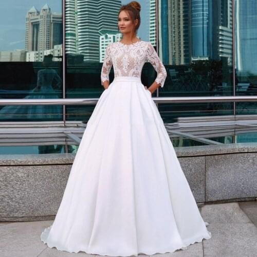 Elegant Wedding Dress 2021 A-Line O-Neck 3/4 Sleeve Lace Appliques Satin Sweep Train Vintage Bridal Gown Vestidos De Noiva