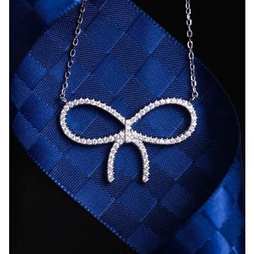 Grace Sweet Romantic Temperament Bowknot Girl Necklace Sterling Silver For Women AAA Zircon Hot Brand Jewelry Simple Personality