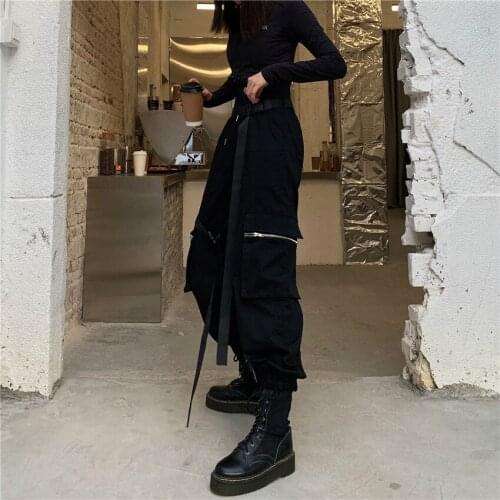 New Spring Autumn Women Harajuku Punk Hip Hop BF Streetwear Overalls Joggers Black Fashion Pocket Loose Pants+belt