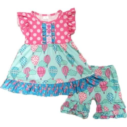 Fashion summer outfits girls high quality flying sleeve hot air balloon top+ruffle shorts 2 pcs set children baby clothing gxj