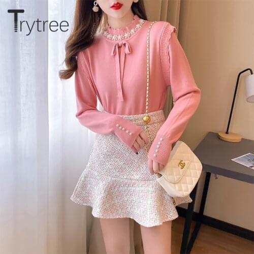 Trytree 2021 Spring Autumn Two Piece Women Set Pearls Floral Knitted Sweater + Mini Plaid Ruffled Hem Skirt Sweet 2 Piece Suit