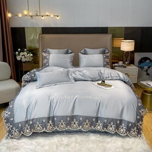 2021 new Satin Silk Embroidered lace bedding sets bed set double queen king size duvet cover bed sheet set pillowcase 4Pcs