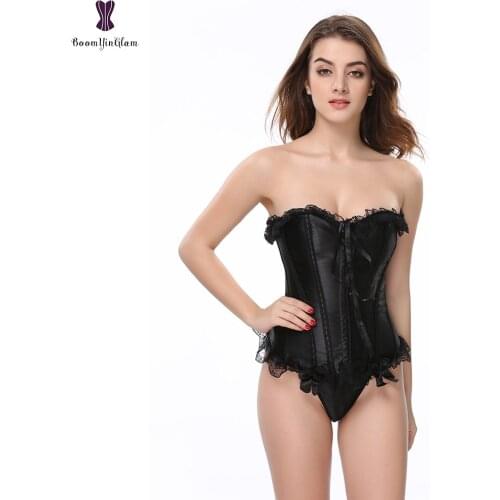 Hooks Closure Black Womens Body Shaper Slimming Waist Shapewear Lingerie Korset Burseque Lace Trim Corset Top Plus Size 838