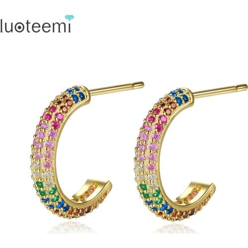 LUOTEEMI Women Hoop Earrings Three Colors Cubic Zircon Stones Paving Earring K-pop Party Celebration Jewelry Wholesale