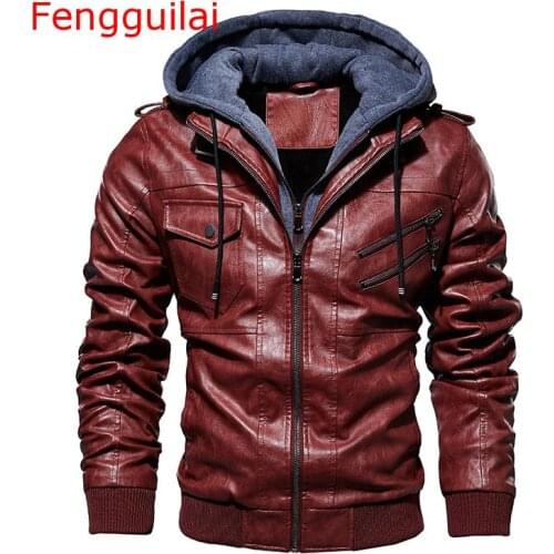 Mens Hooded Leather Jacket Motorcycle Leather PU Baseball Biker Jacket Coat Autumn Winter Outwear Windbreaker Male PU Jackets