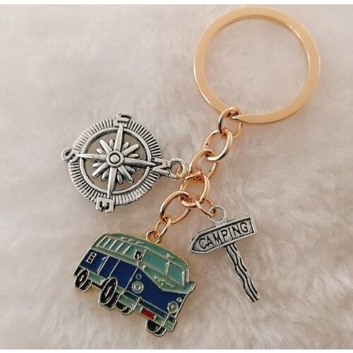 New cute camper wagon keychain, I love camping keychain, trailer road sign compass keychain, vacation travel souvenir gift