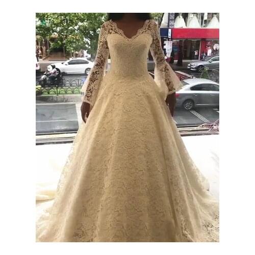 Long Sleeve Lace Wedding Dresses for Bride 2021 V Neck Ball Gown Wedding Bridal Dress vestidos de novia
