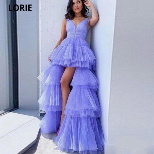 LORIE Charming Celebrity Dresses For Women 2020 New Tiered Tulle Formal Evening Gowns V-neck Open Back Beach Prom Party Dresses