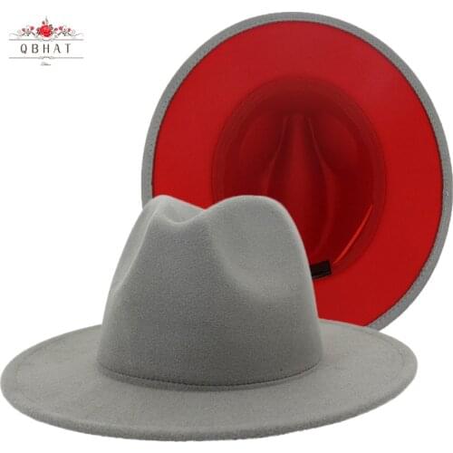 QBHAT Grey Red Patchwork Felt Hat Women Men Wide Brim Imitation Wool Jazz Fedora Hats Panama Trilby Cap Trend Gambler Hat