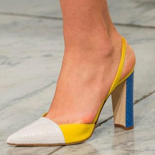 Yellow Color block Ladies Heels Sexy Slingbacks Square Heel Runway Ladies Shoes Genuine Leather Woman Shoes High Heel size 34-43