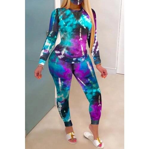 Ladies Tie-Dye Long-Sleeved Tie-Dye Suit Two-Piece Suit Ladies Casual Sportswear 2 Pieces Sportswear Sportswear Plus Size