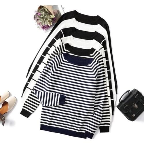 Autumn Winter Long Sleeve Striped Pullover Women Sweater Knitted O-Neck Tops Korean Pull Femme Jumper Black White Sweater Cloth