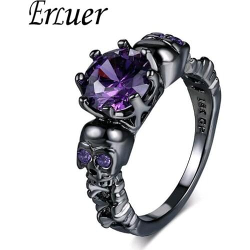 Austrian Gothic Black Gun Plated Style Retro Skull Rings For Women Purple Crystal CZ Wedding Jewelry party trendy love gift Ring