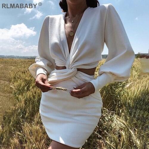 Autumn Winter Women Mini Dress Sexy V Neck Puff Sleeve Bodycon Dress Casual Streetwear White Dress Elegant Hollow Female Dress