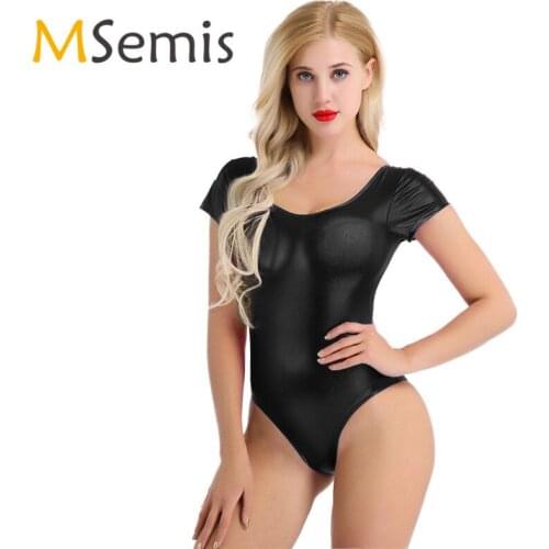 Women Leotard Bodysuit Swimsuit for Women Ballet Adult gymnastic Shiny Patent Leather Bodysuit Short Sleeve One-piece Dancewear
