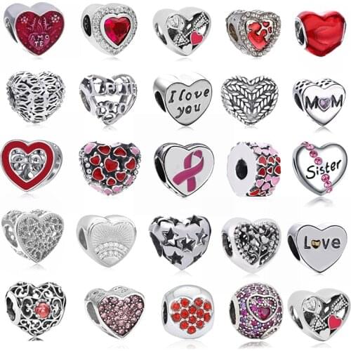 2Pcs Newest Silver Plated Love Heart Beads Charms fit Original Brand Bracelets Necklaces for Women Jewelry Making Accessories
