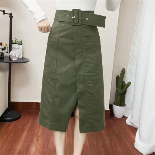 2021 Spring Summer Women Korean Solid Color High Waist Skirts Female Mid-calf Length Split Midi Skirt with Belt Plus Size Y545