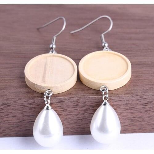 Reidgaller 5pairs Fit 20mm round cabochon wood earring base blanks diy stainless steel hooks findings with teardrop pearl charm